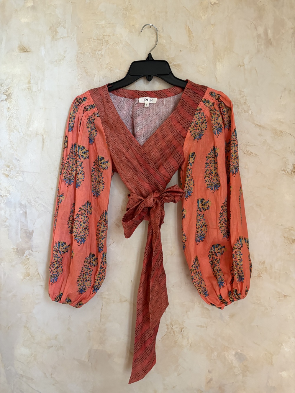 Boteh linen long sleeve tie top